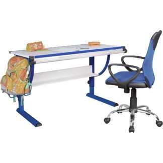 Design Kinderschreibtisch Holz 120 x 60 cm blau / weiß | Jungen Schülerschreibtisch neigungs-verstellbar | Schreibtisch Kinder höhenverstellbar