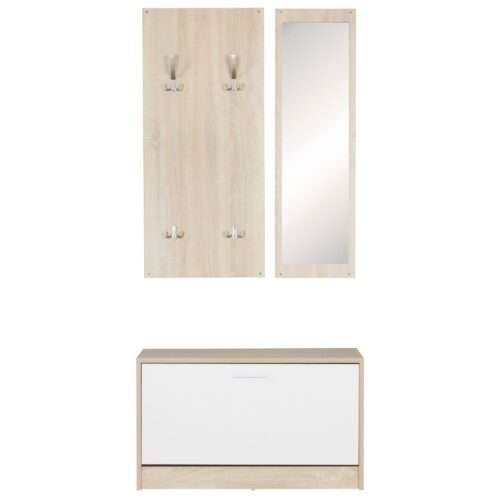 Wand-Garderobe SALERNO mit Spiegel & Schuhschrank Spanplatte sonoma | Moderne Flur-Kompaktgarderobe für Jacken & Schuhe | Komplettgarderobe