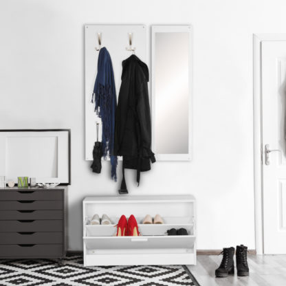 Wand-Garderobe SALERNO mit Spiegel & Schuhschrank Spanplatte weiß | Moderne Flur-Kompaktgarderobe für Jacken & Schuhe | Komplettgarderobe