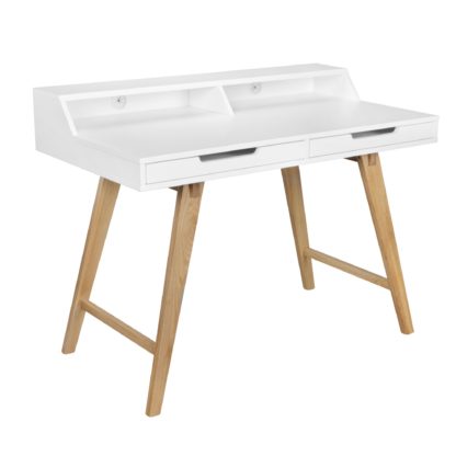 Schreibtisch 110 x 85 x 60 cm MDF-Holz skandinavisch weiß matt Arbeitstisch | Design Laptoptisch mit Kabeldurchlass | Bürotisch mit Eiche-Beinen