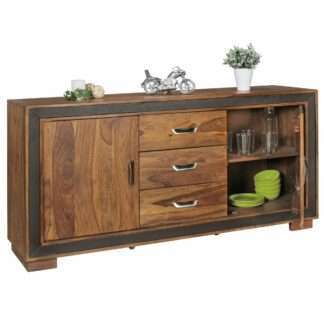 Design Sideboard Sheesham Massivholz mit Kunstleder 160x44x80 cm | Anrichte im rustikalen Landhausstil | Kommode mit Schubladen & Türen