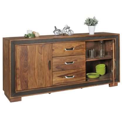 Design Sideboard Sheesham Massivholz mit Kunstleder 160x44x80 cm | Anrichte im rustikalen Landhausstil | Kommode mit Schubladen & Türen