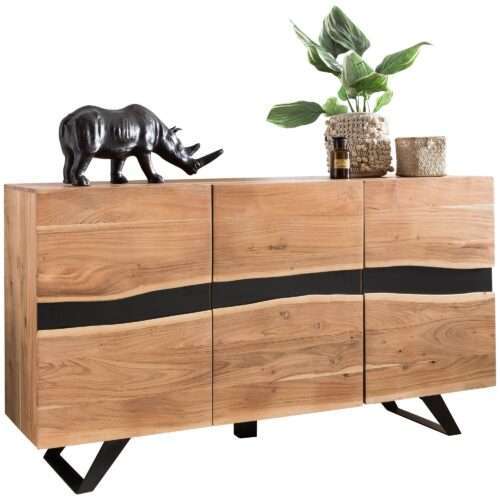 Sideboard 148 x 85 x 43 cm Massiv-Holz Akazie Natur Baumkante Anrichte | Landhaus-Stil Highboard mit 3 Türen | Flur Schrank Kommode