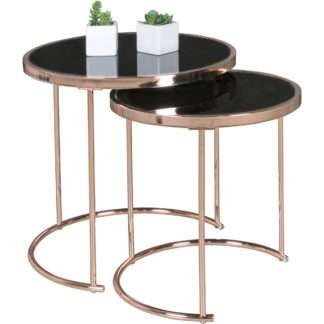 Design 2er Set Satztisch ø 42 cm / 45 cm  Metall Glas Schwarz / Kupfer | Couchtisch verspiegelt Wohnzimmertisch modern | Glastisch Beistelltisch rund