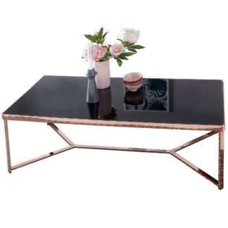 Design Couchtisch Glasplatte Schwarz / Gestell Kupfer 120 x 60 x 40 cm | Wohnzimmertisch verspiegelt Sofatisch modern | Glastisch Kaffeetisch eckig Loungetisch