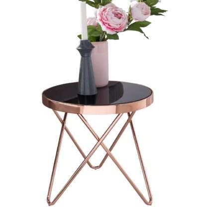Design Beistelltisch PARMA Dreibein Metall Glas ø 42 cm Schwarz / Kupfer | Wohnzimmertisch verspiegelt Couchtisch modern | Glastisch Kaffeetisch rund