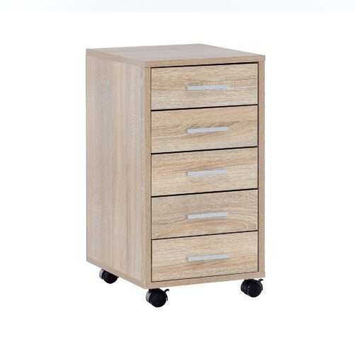 Rollcontainer Sonoma 33 x 63 x 38 cm Holz Schubladenschrank Schreibtisch | Büro Schrank mit 5 Schubladen | Container Rollschrank klein Standcontainer schmal | Schreibtischcontainer mit Rollen