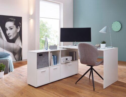 5 cm Weiß | Schreibtisch mit Sideboard | Winkelschreibtisch Home Office | Tisch Büro Modern