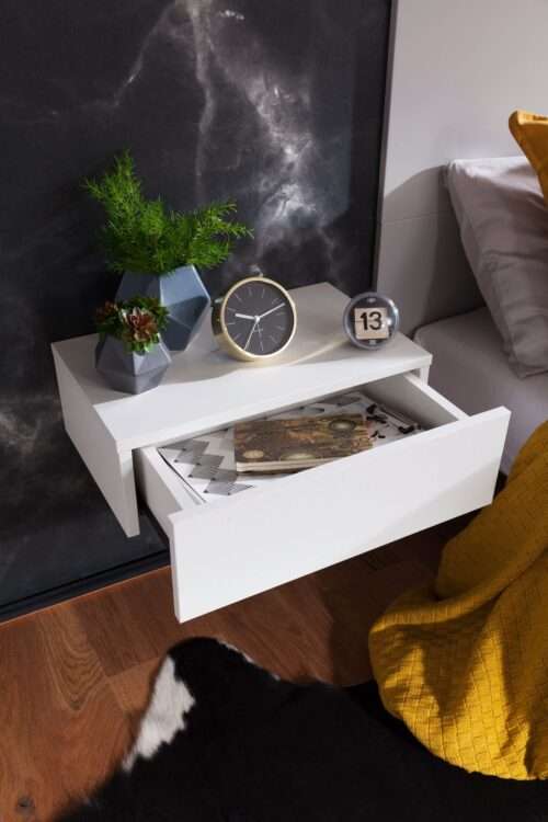 Nachtkonsole ZADAR für Wandmontage 46x15x30cm Weiß Nachttisch Holz Wandregal mit Schublade – Bild 5