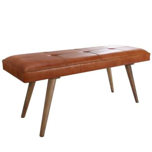 Sitzbank Ziegenleder / Massivholz Bank 117x51x38 cm im Retro Stil | 2er Polsterbank Flur | Gepolsterte Lederbank Esszimmer Braun | Kleine Bettbank Echtleder | Dielenmöbel Flurbank