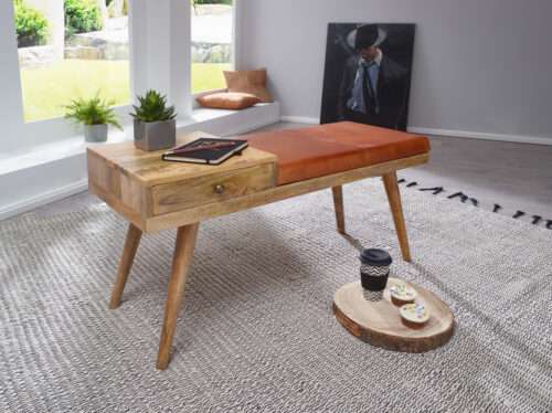 Sitzbank Ziegenleder / Massivholz Bank 100x52x38 cm im Retro Stil Flur Polsterbank – Bild 3