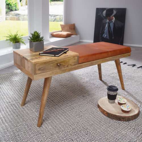 Sitzbank Ziegenleder / Massivholz Bank 100x52x38 cm im Retro Stil Flur Polsterbank – Bild 2