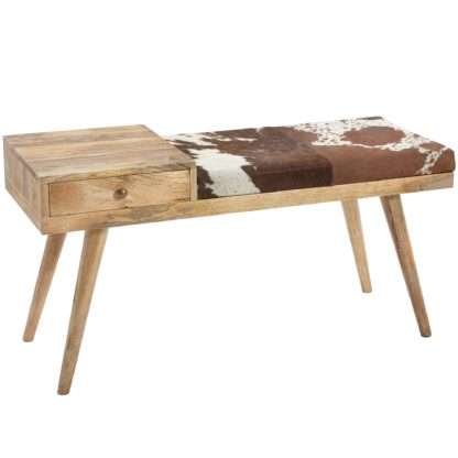 Sitzbank Ziegenfell / Massivholz Bank 100x52x38 cm im Retro Stil | Flur Polsterbank mit Stauraum | Gepolsterte Lederbank Aufbewahrung Braun | Kleine Bettbank Echtleder | Flurbank