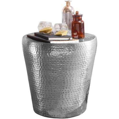 Beistelltisch 41x41x41cm Aluminium Silber Dekotisch orientalisch rund | Kleiner Hammerschlag Abstelltisch | Designer Ablagetisch Metall modern | Anstelltisch schmal