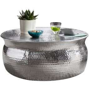 Couchtisch 75x31x75cm Aluminium Silber Beistelltisch orientalisch rund | Flacher Hammerschlag Sofatisch Metall | Design Wohnzimmertisch modern | Loungetisch indisch Stubentisch klein