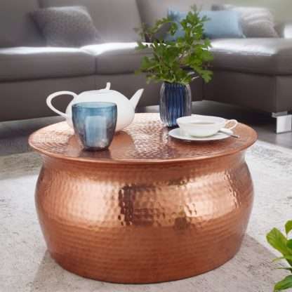 5x60cm Aluminium Kupfer Beistelltisch orientalisch rund | Flacher Hammerschlag Sofatisch Metall | Design Wohnzimmertisch modern | Loungetisch indisch Stubentisch klein