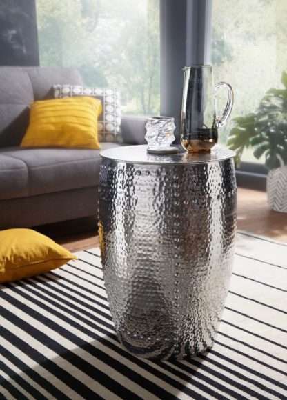5cm Aluminium Silber Dekotisch orientalisch rund | Kleiner Hammerschlag Abstelltisch | Designer Ablagetisch Metall modern | Anstelltisch schmal