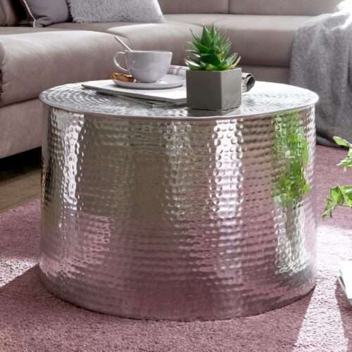 5 x 61 cm Aluminium Silbern Beistelltisch Orientalisch Rund | Flacher Hammerschlag Sofatisch Metall | Design Wohnzimmertisch Modern | Loungetisch Indisch Stubentisch