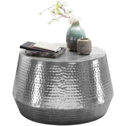 Couchtisch 60x36x60 cm Aluminium Beistelltisch Silber Orientalisch Rund | Flacher Hammerschlag Sofatisch Metall | Design Wohnzimmertisch Modern | Loungetisch Indisch Stubentisch Klein
