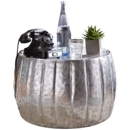 Couchtisch 60x36x60 cm Aluminium Silber Beistelltisch orientalisch rund | Flacher Sofatisch Metall | Design Wohnzimmertisch modern | Loungetisch Stubentisch klein