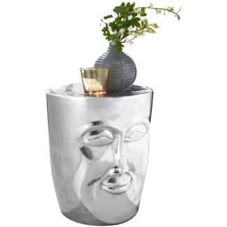 Beistelltisch 35x35x39 cm Aluminium Couchtisch Silber orientalisch | Sofatisch mit Gesicht aus Metall | Designer Ablagetisch modern | Kleiner Anstelltisch schmal