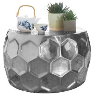 Couchtisch Ø 61 cm Aluminium Anstelltisch Orientalisch Silber Rund | Flacher Hammerschlag Sofatisch Metall | Design Wohnzimmertisch Modern | Ablagetisch Indisch Telefontisch
