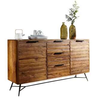 Design Sideboard NISHAN 160 x 40 x 88 cm Sheesham Massiv Holz | Kommode mit Türen & Schubladen | Massive Anrichte Industrial | Massivholz Schrank mit Metallbeinen