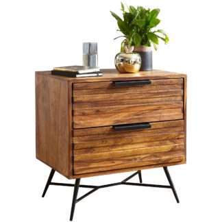 Nachtkonsole NISHAN 60 x 60 x 40 cm Sheesham Beistelltisch | Design Nachtkommode Boxspringbett | Nachttisch mit Schubladen | Beistellschrank mit Stauraum | Nachttischkästchen hoch