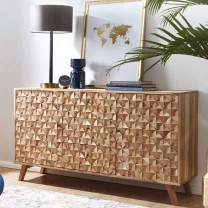 5x40 cm Anrichte Massivholz Akazie Schrank Braun | Landhaus-Stil Kommode mit 3 Schubladen & 2 Türen | Flurschrank Echtholz | Schubladenkommode Massiv | Flurkommode