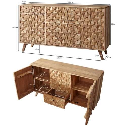 Sideboard REWA 140x785x40 cm Anrichte Massivholz Akazie Schrank Braun Landhaus-Stil – Bild 4