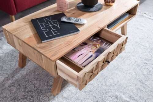 Couchtisch REWA 95x35x50cm Akazie Massivholz Sofatisch Design Wohnzimmertisch mit Schublade – Bild 5