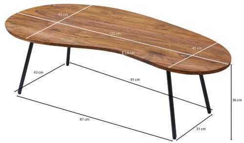 Design Couchtisch 122x36x63 cm Sheesham mit Metallbeinen Schwarz Nierentisch Massivholz – Bild 4
