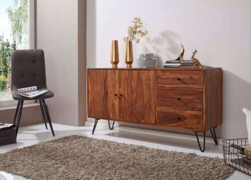 Sideboard Sheesham Massivholz 145x75x40 cm Landhaus Kommode Design Anrichte mit 3 Schubladen – Bild 3