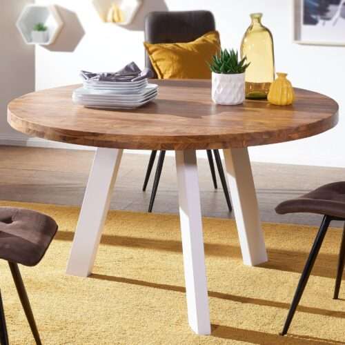Esszimmertisch rund 130 cm Sheesham Massiv Esstisch Runder Holztisch mit Metallbeinen – Bild 2