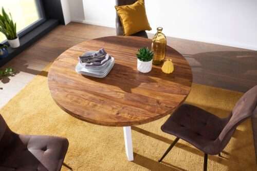 Esszimmertisch rund 130 cm Sheesham Massiv Esstisch Runder Holztisch mit Metallbeinen – Bild 5