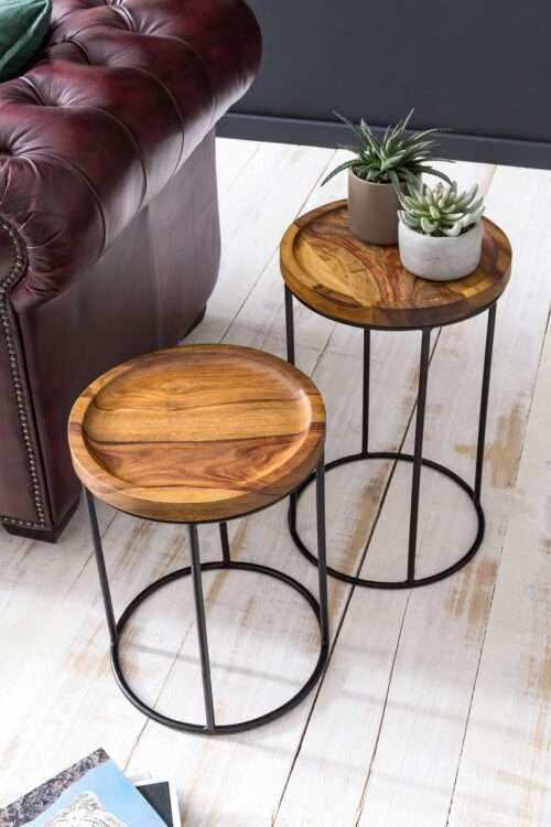 Design Satztisch Sheesham Metall Beistelltisch 2er Set Klein Couchtisch Set 2 Holz Tische – Bild 6