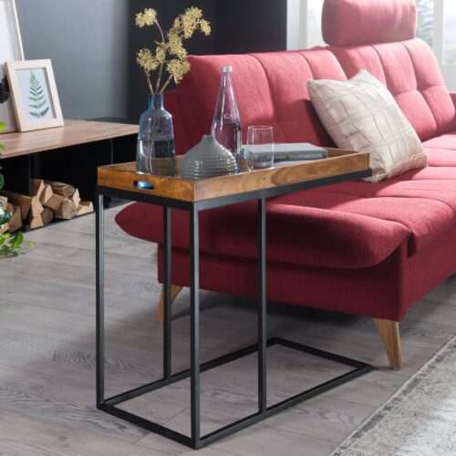 Beistelltisch Sheeshamholz 70x65x34 cm mit Metallgestell Design TV-Tray Tabletttisch Wohnzimmer – Bild 2