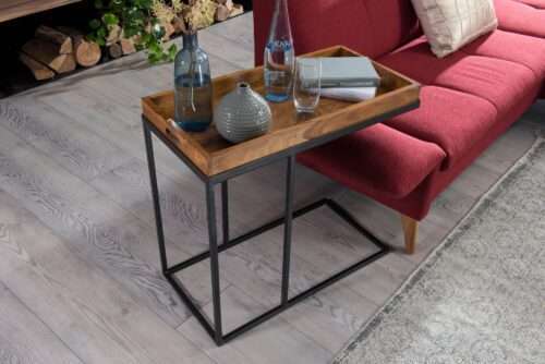 Beistelltisch Sheeshamholz 70x65x34 cm mit Metallgestell Design TV-Tray Tabletttisch Wohnzimmer – Bild 5