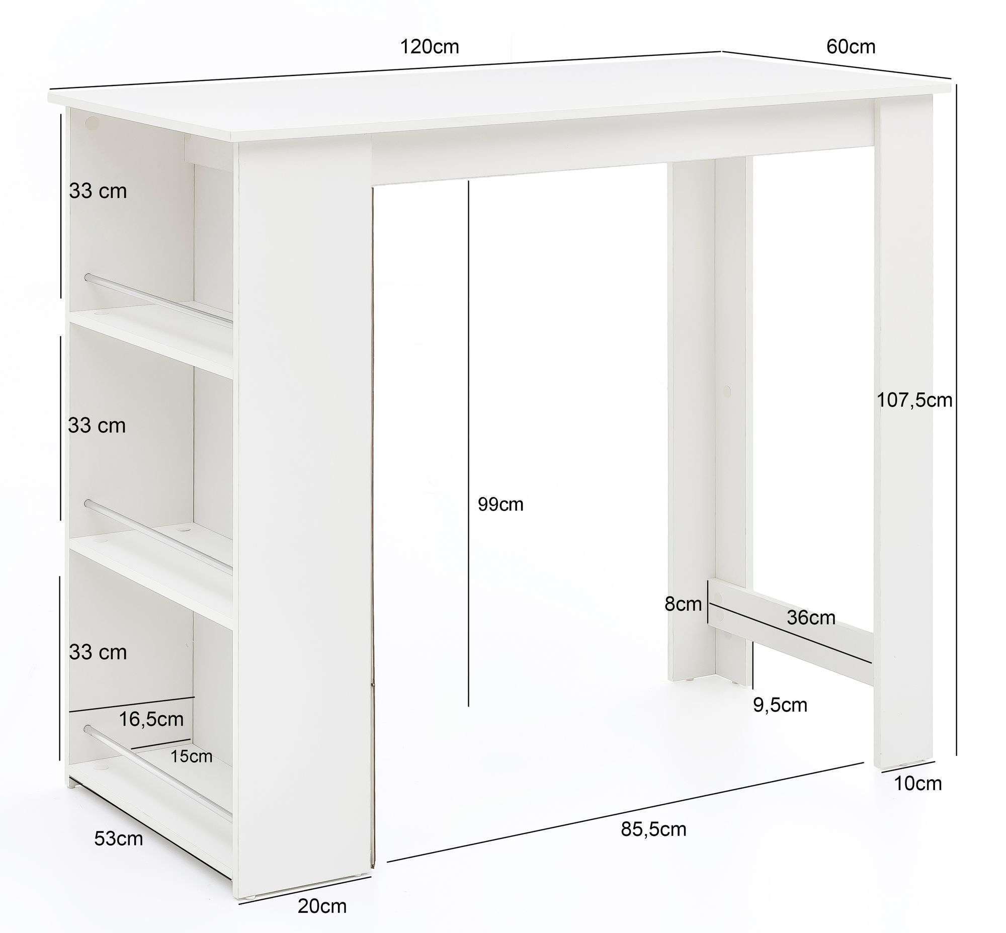 Holz online Bartisch kaufen x 107,5 Weiß Stehtisch x cm 120 60