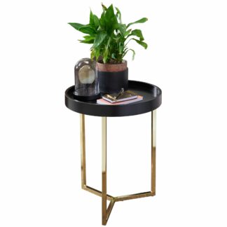 Design Beistelltisch JESI 40x51x40cm Couchtisch Rund Schwarz / Gold | Designer Wohnzimmertisch modern | Kleiner Sofatisch mit Metallgestell | Runder Tabletttisch mit Holz-Platte