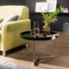 5cm Schwarz / Gold Sofatisch Metall Rund | Designer Retro Wohnzimmertisch modern | Kleiner Loungetisch mit Metallgestell | Runder Tabletttisch mit Holz-Platte