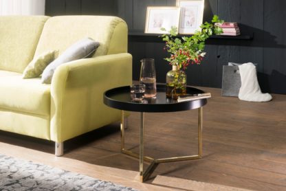 5cm Schwarz / Gold Sofatisch Metall Rund | Designer Retro Wohnzimmertisch modern | Kleiner Loungetisch mit Metallgestell | Runder Tabletttisch mit Holz-Platte