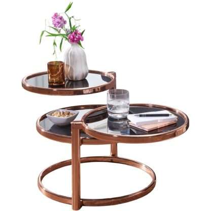 Couchtisch mit 3 Tischplatten Schwarz / Kupfer 58 x 43 x 58 cm | Beistelltisch Rund | Design Wohnzimmertisch Glas / Metall | Designer Glastisch Sofatisch modern | Kleiner Loungetisch