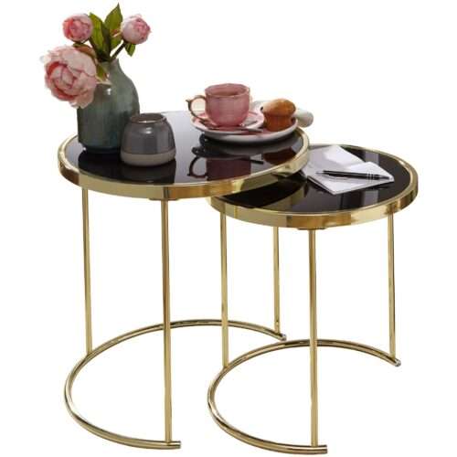 Design Satztisch COMO Schwarz/Gold Beistelltisch Metall/Glas | Couchtisch Set aus 2 Tischen | Kleiner Wohnzimmertisch | Metalltisch mit Glasplatte | Ablagetisch modern