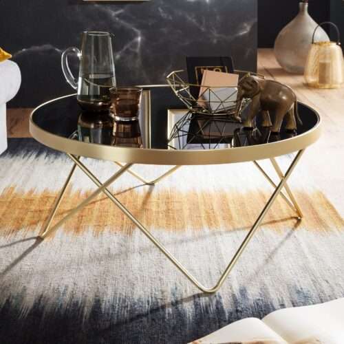 Couchtisch Ø 82 cm Schwarz / matt Gold Beistelltisch Metall/Glas Tisch mit Glasplatte – Bild 2