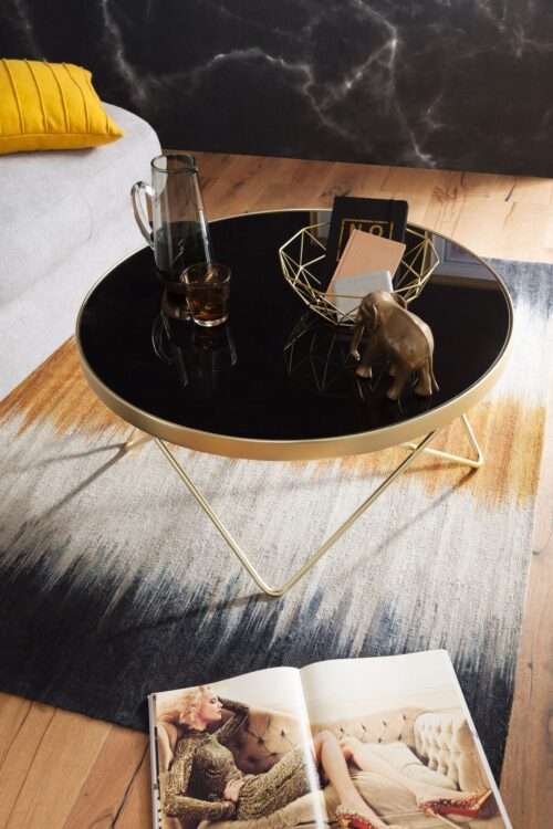 Couchtisch Ø 82 cm Schwarz / matt Gold Beistelltisch Metall/Glas Tisch mit Glasplatte – Bild 5