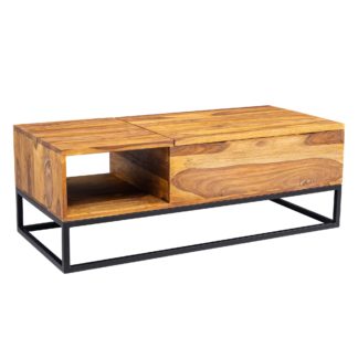 Couchtisch Sheesham Massivholz 110x40x50 cm Sofatisch mit Metallbeinen | Wohnzimmertisch Tischplatte aufklappbar | Holztisch Tisch Industrial Design