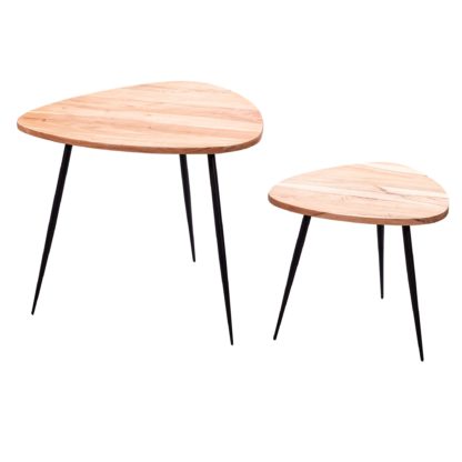 2er Set Satztisch Akazie Massivholz / Metall Couchtisch Klein | Design Beistelltisch Set Zwei Holz-Tische | Wohnzimmertisch Tisch Metallgestell