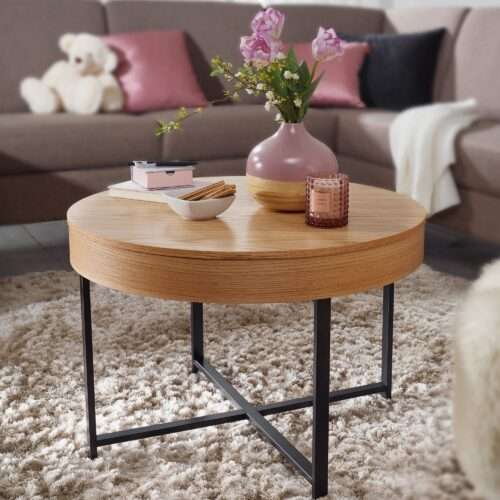 Design Couchtisch Rund Ø 69 cm mit Eichen Optik Tisch mit Stauraum Lounge-Wohnzimmertisch – Bild 2