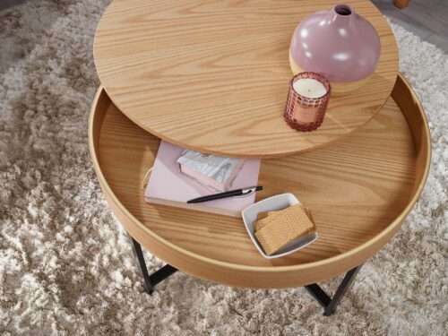 Design Couchtisch Rund Ø 69 cm mit Eichen Optik Tisch mit Stauraum Lounge-Wohnzimmertisch – Bild 5
